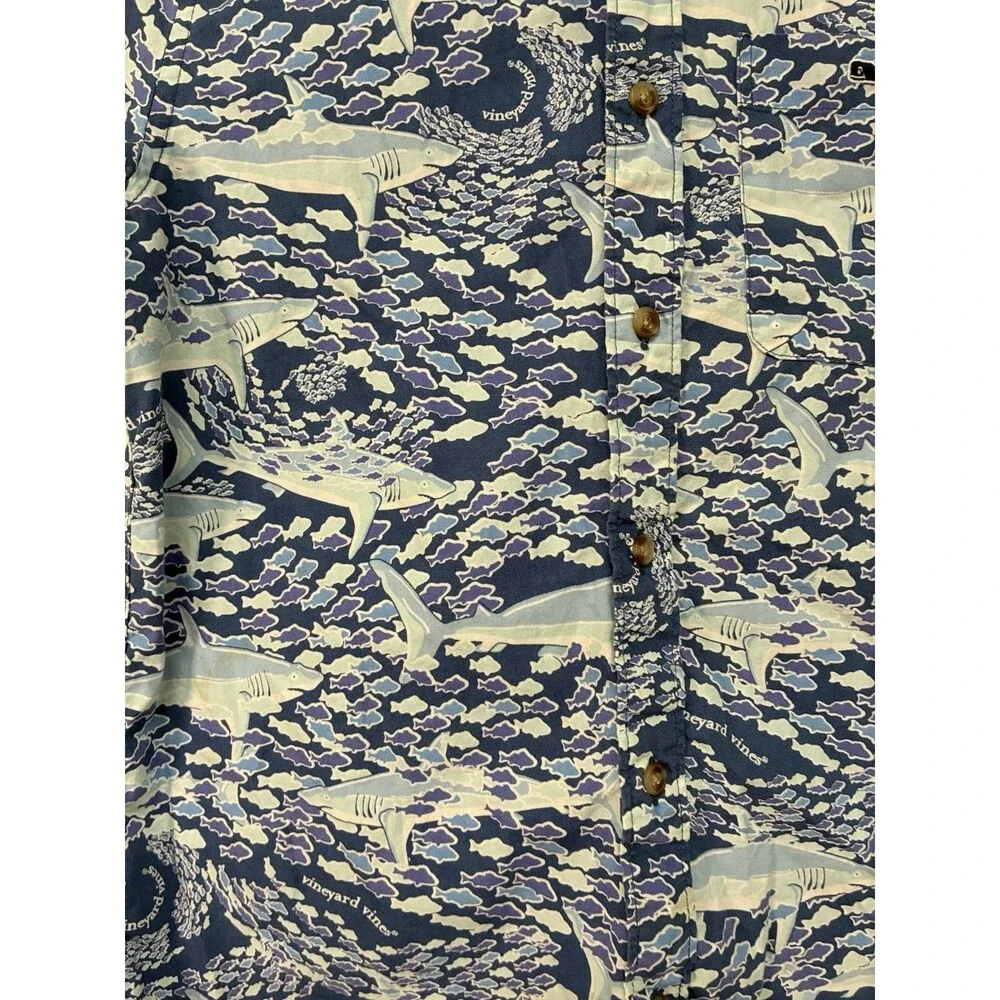 Vineyard Vines Boys Sz Medium 8/10 Collard Button Up With Sharks & Fish